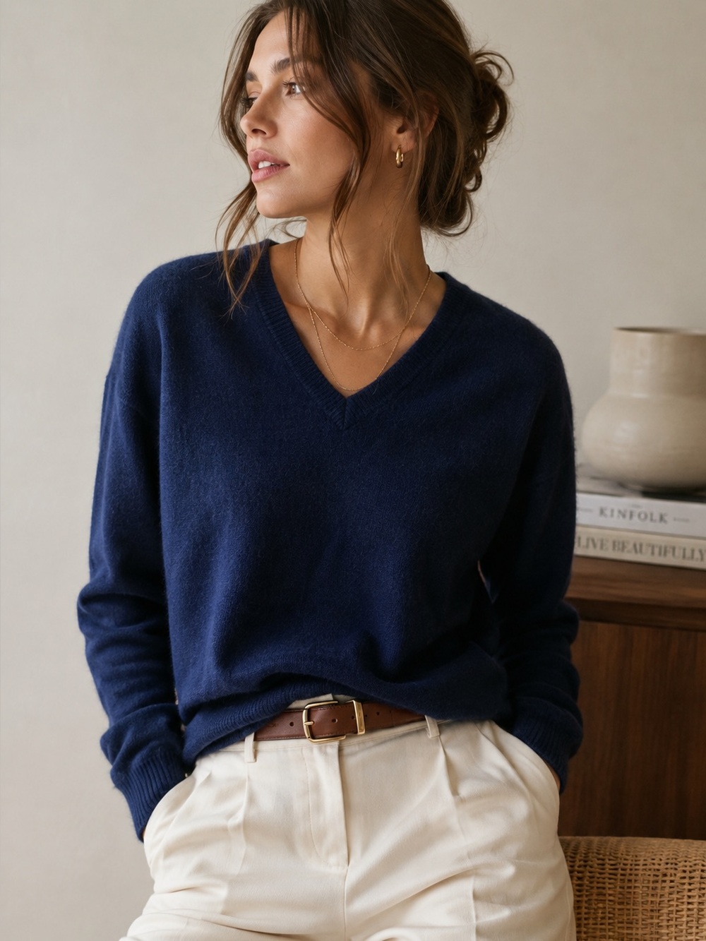 Polo Ralph Lauren 100% Cashmere Navy V-Neck Sweater L Quiet Luxury